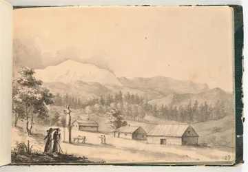Paysage de montagne avec des gens et des maisons