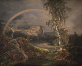 Paysage norvégien avec un arc-en-ciel