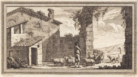 Un berger avec des moutons et des chèvres