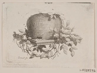 Une plaque portant une ruche, entourée de feuilles de rose