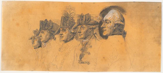 Préparation pour cinq des têtes de la gravure : Frédéric le Grand rentre chez lui après une revue à Potsdam
