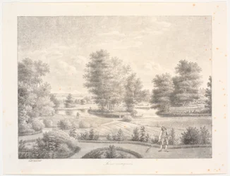 Le jardin de Sanderumgaard avec une île boisée. Au premier plan, un homme avec un râteau