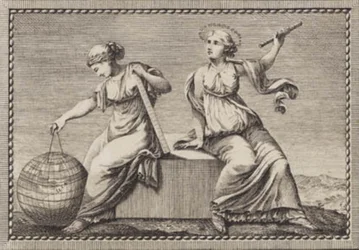 Urania et Gaïa assises sur un bloc de pierre carré