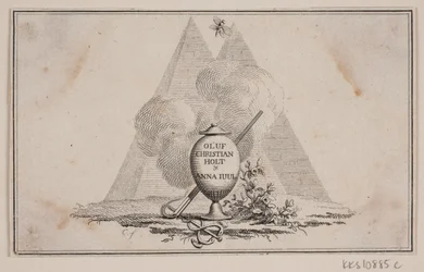 Vignette avec vase et inscription