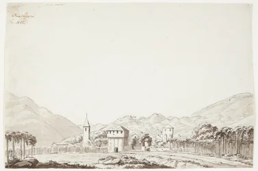 Paysage de Domodossola en Suisse avec église et tour de guet
