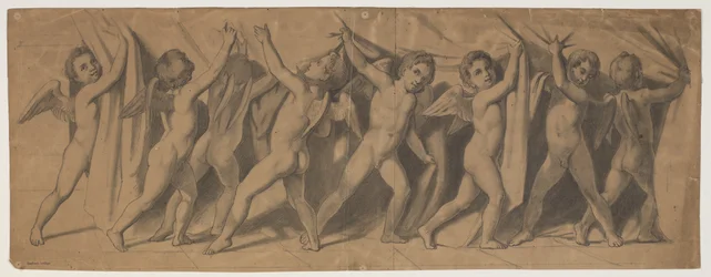 Esquisse pour le rideau du Théâtre Royal ; putti tirant le rideau de côté
