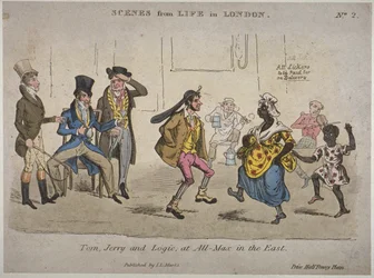 Personnages buvant et dansant au Coach and Horses sur Nightingale Lane, illustration de 