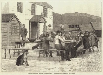 Volontaires écossais à la maison, après le dîner dans une ferme de moutons près du Spital de Glenshee