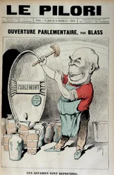 Ouverture du Parlement : les affaires reprendront (Caricature sur le scandale des décorations impliquant Daniel Wilson et Jules Grévy) - Illustration par J. Blas (Albert Douat dit) (1847-1892). dans « Le Pilori » du 30/10/1887