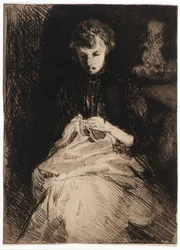Femme assise en train de coudre