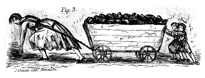 Femme et enfants pousseurs de charbon, Mid et East Lothian, Écosse, 1848