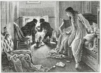 Je levai très doucement la main et tirai le poignard de sous mon oreiller, illustration pour une histoire de crime 