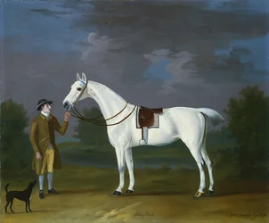 "Tabby Runt", un chasseur gris avec son propriétaire et un terrier dans un paysage fluvial, 1776