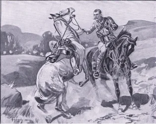 Le major Brown, 14e Hussards, tenant le cheval du lieutenant Brown sous un feu nourri, illustration de Après Pretoria : La Guerre de guérilla