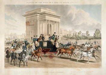 Voitures à cheval le long de Hyde Park Corner, Londres, 1838