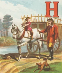 H : H est le cheval, si élégant et si fort ; Il tire la charrette de foin vers le pré
