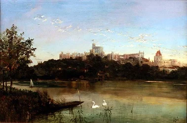 Personnages dans une barque et cygnes sur la Tamise avec le château de Windsor en arrière-plan