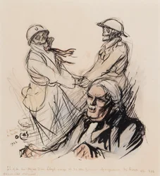 Lloyd George jouant encore les lieux et les souvenirs sérieux de la Première Guerre mondiale en 1922, 1922 (stylo, pinceau, encre et aquarelle sur papier)