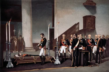 Roi Amédée I devant le cercueil du général Prim, gravure de J. Palacios
