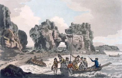 Vue du Castle Rock, depuis le lieu de débarquement sur le Flat Holmes, tirée de A Picturesque Guide to Bath, Bristol Hot-Wells, the River Avon and the Adjacent Country, publié en 1793 (aquatinte en couleur)