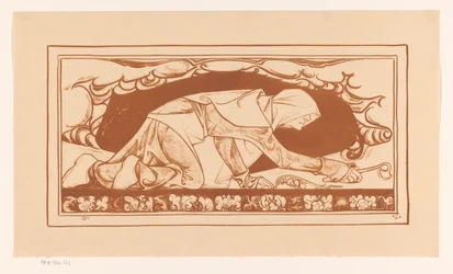Homme en habit de moine rampant avec une houe