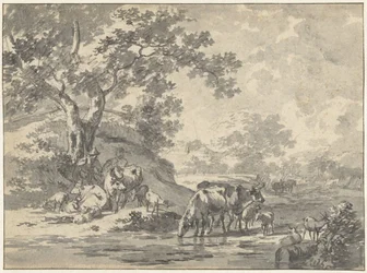 Paysage avec berger et bétail sous un arbre près de l