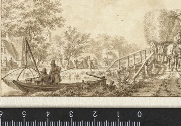 Paysage avec pêcheurs dans un bateau et charrette de foin sur un petit pont