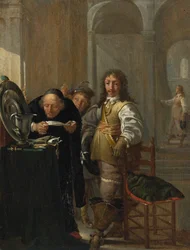 Un cavalier vendant ses marchandises, avec un vieil homme lisant un document et un jeune garçon tenant une pièce de monnaie.