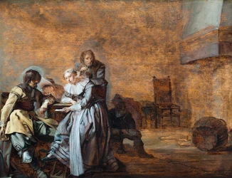 Un intérieur avec des cavaliers et une femme aux cartes (huile sur panneau)