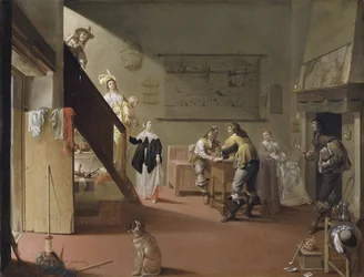 Compagnie élégante fumant et buvant dans une auberge / Scène de bordel