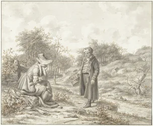 Paysage vallonné avec une femme assise et un homme debout avec un panier