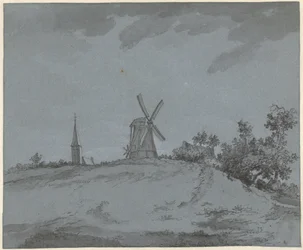 Paysage avec moulin à vent et église sur une colline