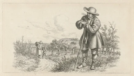 Homme appuyé sur un bâton et femme avec enfant sur un chemin (Études gravées)