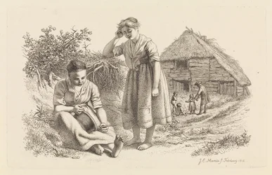 Deux femmes et un homme avec des enfants devant une grange (Études gravées)
