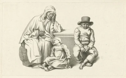 Vieille femme assise et deux enfants