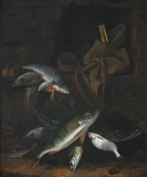 Nature morte aux poissons avec brochet et brème sur un mur