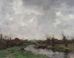 Paysage fluvial avec fermes, fin des années 1870