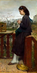 Jeune fille tricotant sur un balcon, Montmartre, Paris