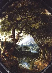 Paysage boisé avec chasseurs près d