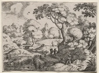 Six paysages : Chemin entre marais et rive boisée, vers 1595