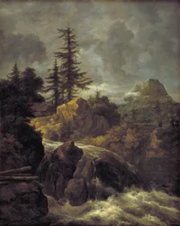 Paysage avec une cascade et une cabane