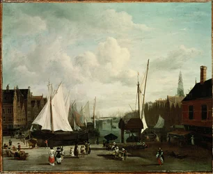 Port avec voiliers et marchés (peinture sur toile)