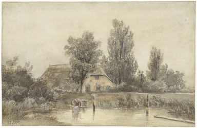 Ferme et une femme lavant