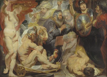Allégorie sur la science. Minerve et Cronos protègent la science contre l