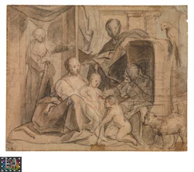 French : La Sainte Famille avec Elisabeth et le petit Jean (dos- porte, ouverture de la porte et Hermès)
Dutch : De Heilige Familie met Elisabeth en de kleine Johannes (keerzijde : Deur, deuropening en Hermes)