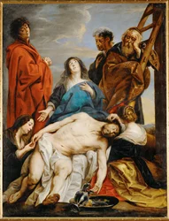 Piéta. Sainte Marie tient le corps du Christ sur ses genoux.
Marie Madeleine enlève les épines du front du Christ.
Marie Salomé lui serre la main (peinture sur toile)