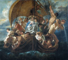 La Sainte Famille avec diverses personnes et animaux dans un bateau