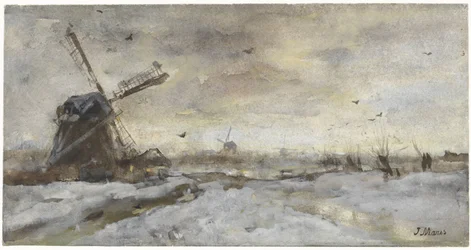 Paysage avec moulin sous la neige