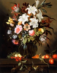 Un bouquet de fleurs avec des fruits et deux lézards des sables sur un rebord en pierre, 1647