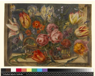 Étude de fleurs : fleurs assorties dans un panier, avec des insectes et un lézard dans un cadre de fenêtre, 1634